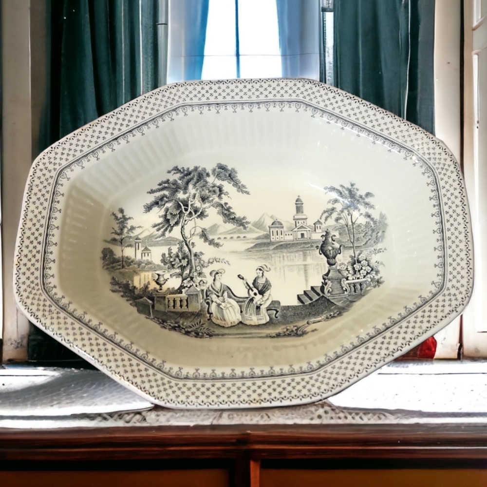 Vtg 50's Wm Adams & Sons English Ironstone Minuet Black 9.5" Vegetable Bowl